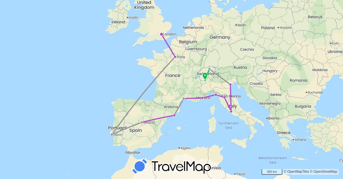 TravelMap itinerary: driving, bus, plane, train in Switzerland, Spain, France, United Kingdom, Italy, Portugal (Europe)